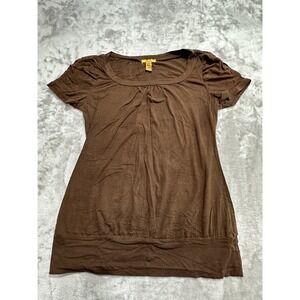 Finesse Blouse Women's Size 1X Brown Short Sleeve Solid Wide Waist Hemline EUC
